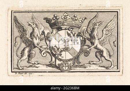 Crowned coat of arms flanked by griffions. A crowned coat of arms with centrally a two-headed eagle and a boar. At the top right and bottom left, also a two-headed eagle. The weapon is flanked by two griffins. Stock Photo