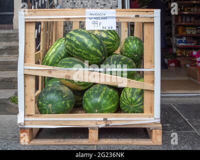 Crate of Moroccan Watermelons for sale, Edinburgh, Scotland, UK. Stock Photo