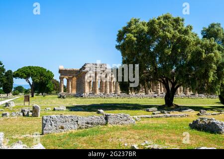 The Greek doric style temples of Hera (archaic temple) and Nepture - Archaeological Area of Paestum - Salerno, Italy Stock Photo