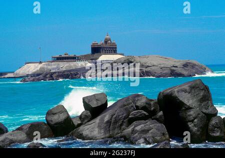 Bagavathi Amman Temple on a rocky island in the Laccadive Sea, the southernmost part of the India subcontinent. Kanyakumari, Tamil Nadu, South India Stock Photo