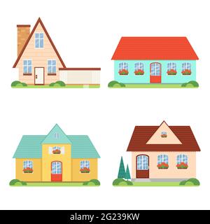 Set family houses in flat style, cartoon, isolated. Cute cozy home Stock Vector