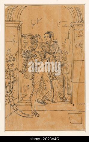 Romeo and Juliette in 15th century costume. Romeo and Juliette in 15th century costume, in embrace standing on the threshold of a portal. Stock Photo