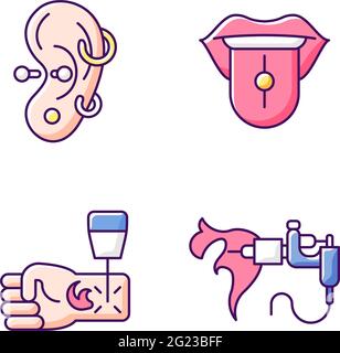 Tattoo and piercing masters RGB color icons set Stock Vector