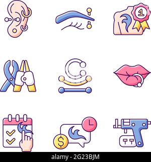 Tattoo and piercing creation RGB color icons set Stock Vector