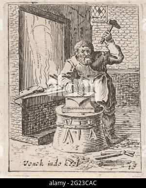 Smid; Vonck in the throat; Genre scenes. In a forge, a blackmother treated a piece of iron on an anvil. Next to him a fireplace. The print is part of a series of 32 prints with genre scenes. Stock Photo