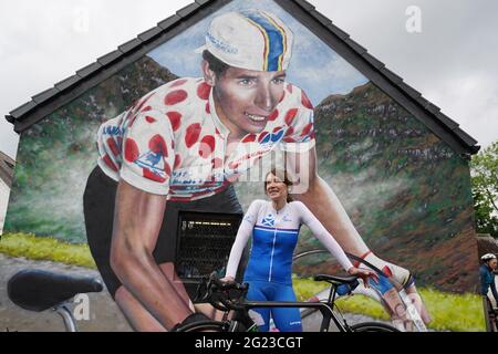 Philippa York at the unveiling of a mural of cyclist Robert Millar, on the gable end of a building at the gateway to the Campsie Fells in Lennoxtown, east Dunbartonshire. Picture date: Tuesday June 8, 2021. Philippa York is a Scottish journalist from Glasgow who was formerly a professional road racing cyclist, competing as Robert Millar. She won the King of the Mountains competition in the 1984 Tour de France, becoming the first British rider to win a major Tour classification. photo credit should read: Andrew Milligan/PA Wire Stock Photo