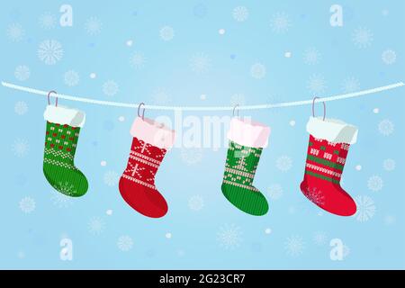 Knitted Christmas socks hang on a garland. Snow background for new year and Christmas greetings. Vector illustration in a flat cartoon style. Stock Vector