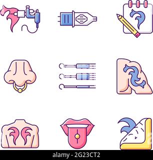 Tattoo and piercing instruments RGB color icons set Stock Vector