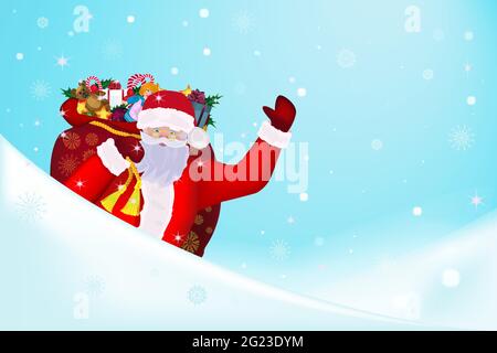 Merry Santa Claus is carrying a large bag of gifts. Hand greeting. For Christmas and new year posters, gift tags and labels. Vector illustration in ca Stock Vector
