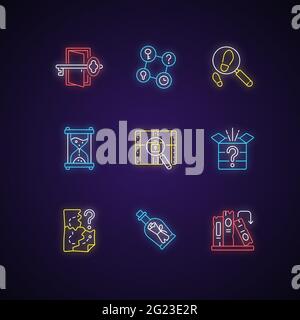 Puzzle solving neon light icons set Stock Vector