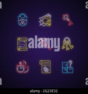 Quest neon light icons set Stock Vector