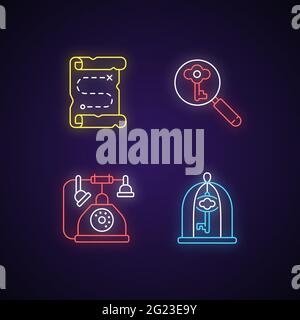 Solving quest neon light icons set Stock Vector