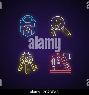 Solving mystery neon light icons set Stock Vector