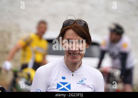 Philippa York at the unveiling of a mural of cyclist Robert Millar, on the gable end of a building at the gateway to the Campsie Fells in Lennoxtown, east Dunbartonshire. Picture date: Tuesday June 8, 2021. Philippa York is a Scottish journalist from Glasgow who was formerly a professional road racing cyclist, competing as Robert Millar. She won the King of the Mountains competition in the 1984 Tour de France, becoming the first British rider to win a major Tour classification. photo credit should read: Andrew Milligan/PA Wire Stock Photo