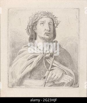 Ecce gay. Cooked Christ crowned with thorns crown and covered with a cloak, a stick in his right hand. Stock Photo