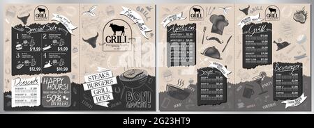 Steakhouse, grill menu card -A3 to A4 size (appetizers, grill, soups, drinks, sets) Stock Vector