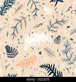 Vector floral seamless pattern with leaves, branches and other forest plants Stock Vector