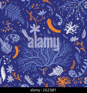 Vector floral seamless pattern with leaves, berries and other forest plants Stock Vector