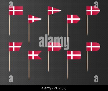 Denmark toothpick flags isolated on a dark transparent background. Stock Vector