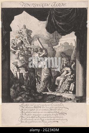 Display of opening the earth, 1648; D'finished earth; Allegories on the Peace of Munster; The six shows that on the Schouburg (...) exhibits are the 1648 Iunij 1648. Display of opening the earth. Part of the impressions raised on June 23, 1648 at the Schouwburg in Amsterdam following the conclusion of the Munster peace. The fourth show shows how to restore the earth and the abundance after the war, the virtues returned from the gods sky (with Apollo) back to the earth. In the caption a verse of 8 lines in Dutch. Stock Photo