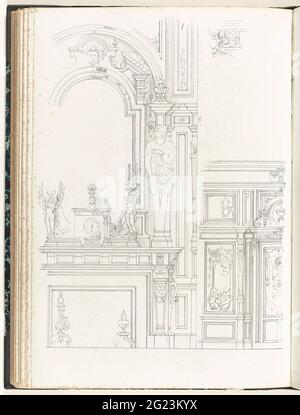Underbreak, wall and small ornament. On the chimney plate there is a clock between two candlesticks in the form of feminine figures, the one with wings, the other without. To the right of the undercutting is a wall with wooden paneling, at the top right a small ornament with a shield. Stock Photo