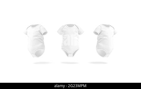 Blank white half sleeve baby bodysuit mockup, front side view, 3d rendering. Empty cotton babygro sliders mock up, isolated. Clear onesie with buttons Stock Photo