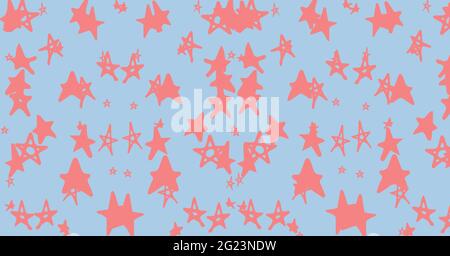 Composition of hand drawn overlapping pink stars repeated on blue background Stock Photo