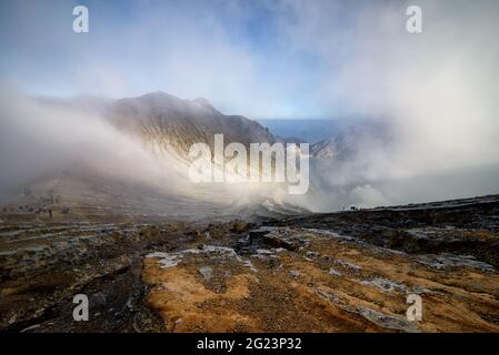 The beautiful scenery of the volcano at Kawah Ijen in sunrise time at Java island, Indonesia. Stock Photo