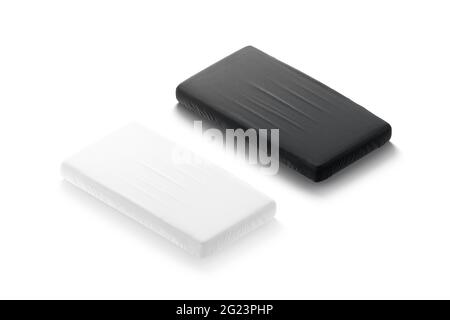 Blank black and white rectangle crib sheet mockup, side view, 3d rendering. Empty bedroom furniture for newborn mock up, isolated. Clear mini cotton b Stock Photo