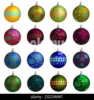 Set of colorful Christmas balls with different patterns. Isolated on white background. illustration. Stock Vector
