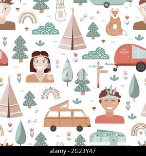 Hand drawn seamless pattern with summer camping equipment and kids dressed in tribal style. Trailers, trees, and animals in Scandinavian style Stock Vector