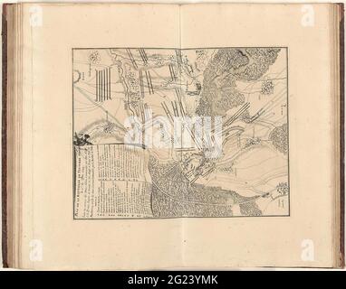Battle of Malplaquet, 1709; Plan De La Bataille De Taisniere Donnée Le 11me De 7bre 1709. Battle of Malplaquet, between the Allies under Duke of Marlborough and the Prince of Savoy and the French, September 11, 1709. Above a drapery with the title and the legend Ae in French . Part of a bundled collection of plans of battles and cities renowned in the Spanish succession war. Stock Photo