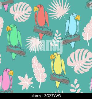 Seamless pattern with parrots line art, vector. Simple continuous pattern with exotic tropical birds. Colored parrots on the background of exotic plan Stock Vector