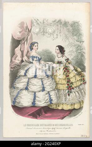Le Conseiller des Ladies et des Demoiselles, Juillet 1857: Journal d'économi (...). Two women at a balustrade in a conservatory. Left: White evening gown decorated with blue flowers. Boothals, short sleeves and wide skirt consisting of three pleated layers decorated with vertical blue floral glulands. Accessories: bracelets, short gloves, impeller. Right: yellow evening girl decorated with leaves and red berries. Boothals decorated with Berthe, short puff sleeves and pointed bodice. Wide and partly pleated skirt decorated with white lace. Accessories: necklace, bracelets around both wrists, sh Stock Photo