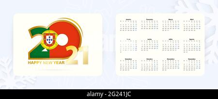 Horizontal Pocket Calendar 2021 in Portuguese language. New Year 2021 icon with flag of Portugal. Vector calendar. Stock Vector