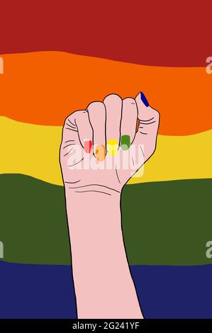 White hand with nails painted in the colour of the gay pride flag with a background Lgbti social movement flag. Happy pride day 2021. Stock Photo