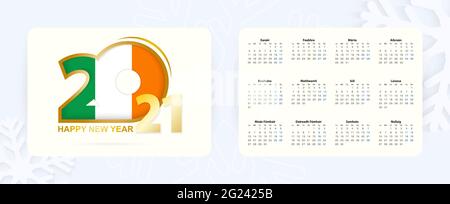 Horizontal Pocket Calendar 2021 in Irish language. New Year 2021 icon with flag of Ireland. Vector calendar. Stock Vector