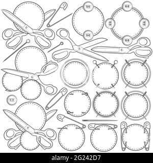 Set of vector signs with sewing accessories. Isolated objects on a white background. Stock Vector