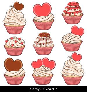 Set of color vector cupcakes with hearts. Isolated objects on white. Stock Vector