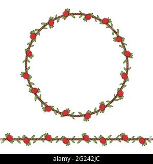 Seamless pattern and frame of the cord with cranberries and leaves. Isolated objects on white. Stock Vector