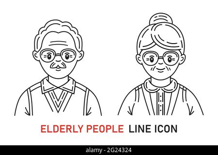 Elderly people, grandparents icon set. Old man, woman face.  Grandfather, grandmother couple. Pensioners citizens. Aged wife and husband line vector Stock Vector