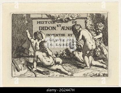 Grieving putti at a base; History of Dido and Aeneas; Histoir de Didon et Aene. Six putti mourns the death of Dido. The putto to the right of the middle holds a crown, on the left, a second putto decorates the base with a flower gluce. The print is part of a six-part series of prints with scenes from the mythological story of Dido and Aeneas. Stock Photo