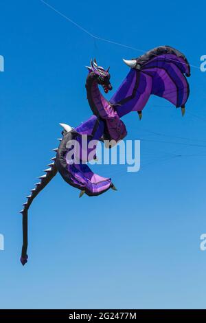 Dragon kite flying in the air against blue sky at Poole, Dorset UK in May Stock Photo
