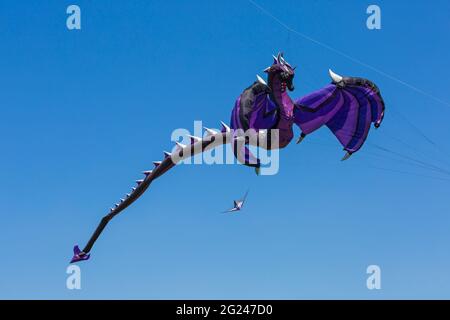 Dragon kite flying in the air against blue sky at Poole, Dorset UK in May Stock Photo