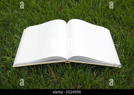 Open book with blank pages on grass Stock Photo