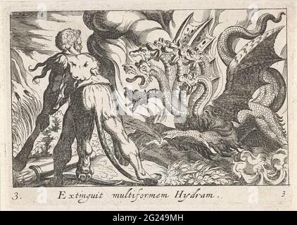 Hercules in battle with the Hydra of Lerna; Extinguit multiforming hydram; Herculean themes. Stock Photo