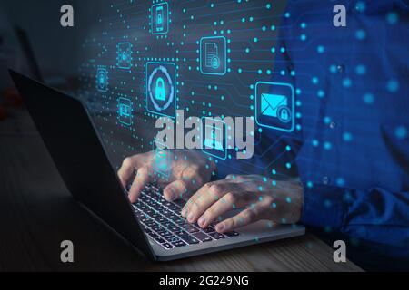 Cyber security IT engineer working on protecting network against cyberattack from hackers on internet. Secure access for online privacy and personal d Stock Photo