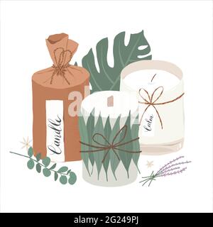 Scented candles set, hand drawn vector illustration, soy candles decorated with monstera and eucalyptus leaves, handmade soy candles, home Stock Vector