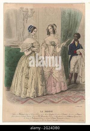 La Mode, 15 octobre 1844 Coiffures de (Mariton) Etoffes () Two women in  evening clothes, in the background a black page that has a robe in the  hands. According to the caption: '