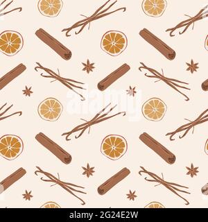 Spice pattern, cinnamon, vanilla and dried orange slice, anise stars illustration, seamless background, hand drawn vector illustration, mulled wine Stock Vector